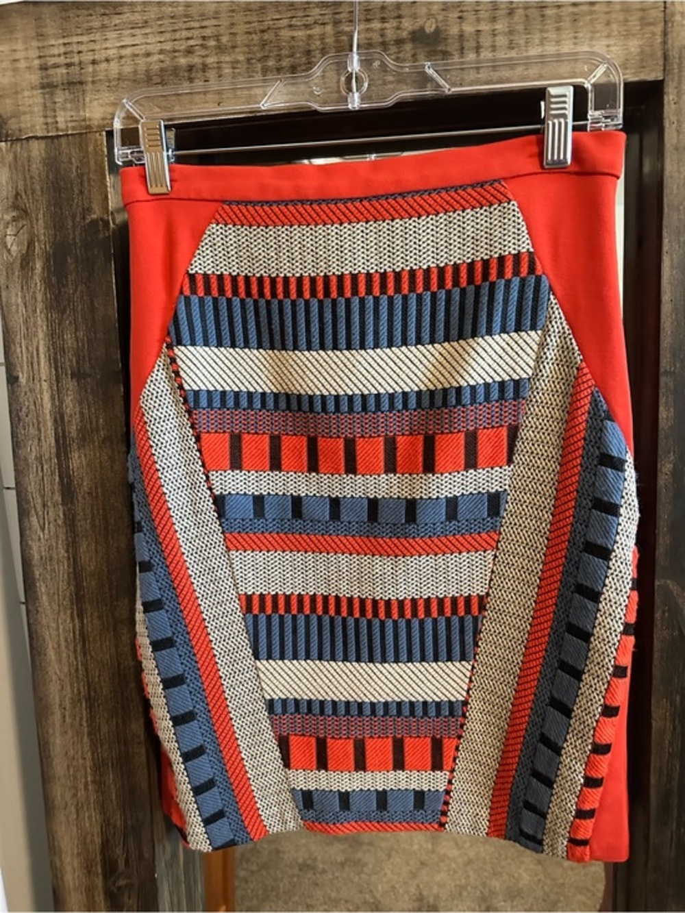 Ex Francesca’s 6P Red Geometric Pencil Skirt Textured Knit Career Midi Boho